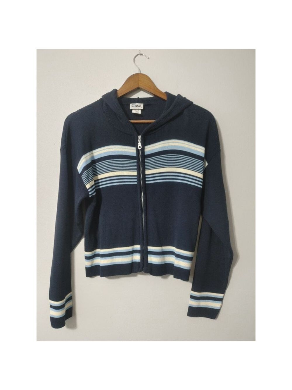 Women's COOLWEAR Navy Blue Striped Full-Zip Hooded Lightweight Cardigan M